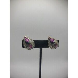 Vintage Earrings Clip On Teardrop Embossed Painted Pink Blue Gold Tone Jewelry